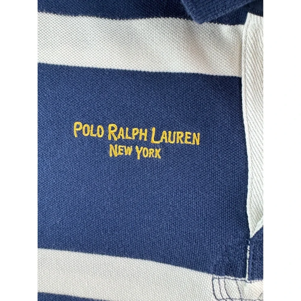 Polo Ralph Lauren Mens Custom Fit Striped Rugby Polo Shirt Navy White Sz LG Logo